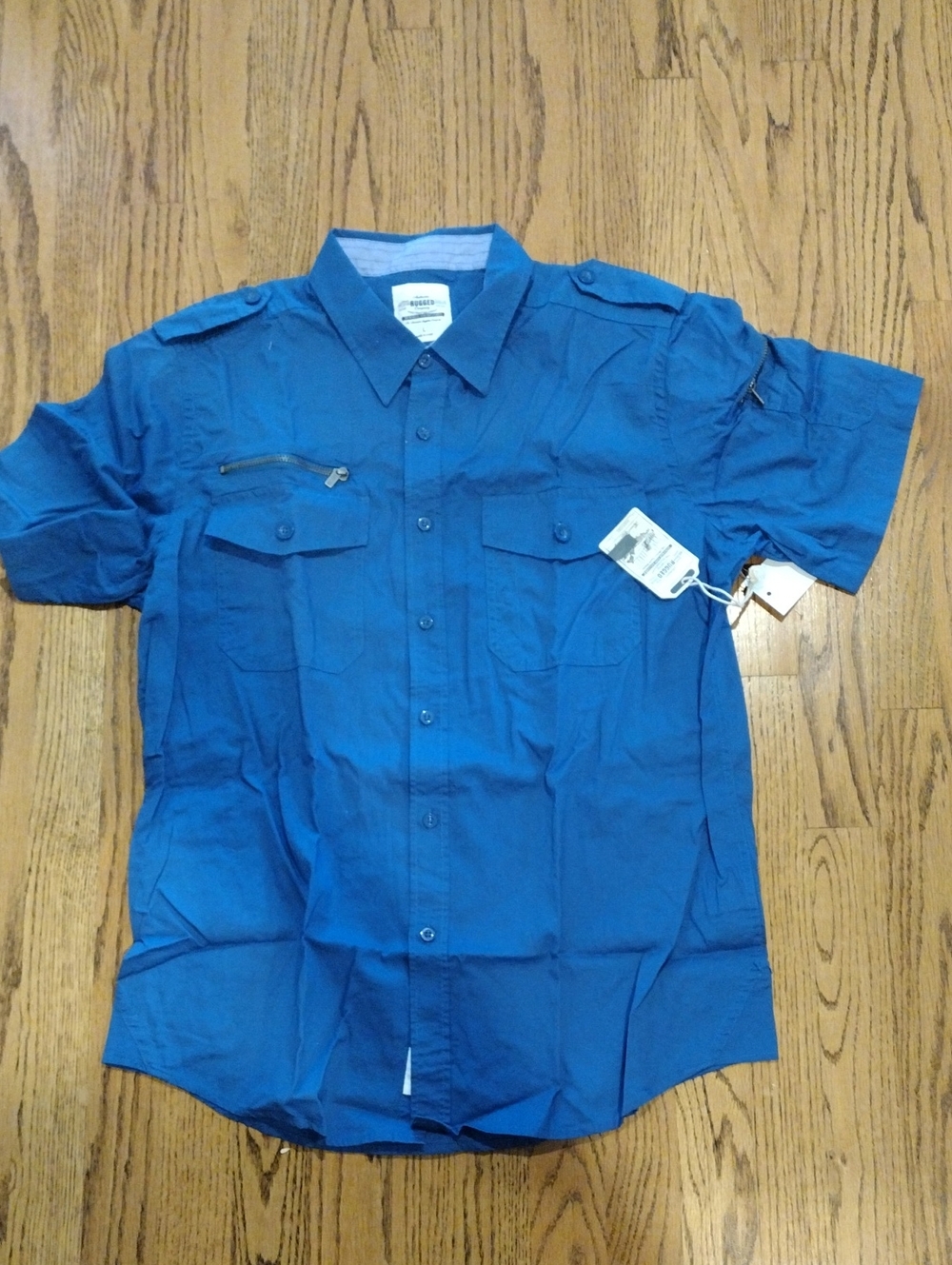 Mens nwt rugged shirt button down Solid blue Short Sleeve 100% Cotton Button